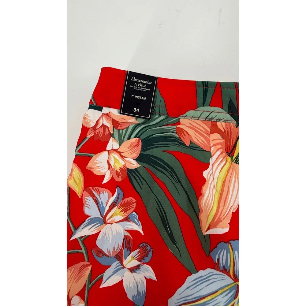 New Abercrombie Fitch Men Red Floral Swim Trunks Shorts Size 34 7 Inseam Stretch